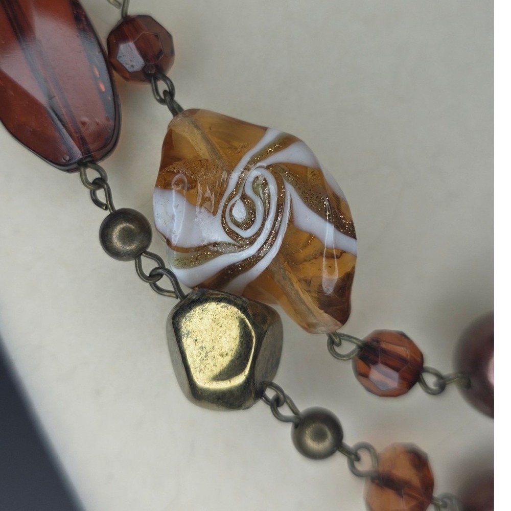 Long Unbranded Blown Glass Bead Necklace Sparkle Art Glass Brown Bronze Tone - Picture 3 of 11